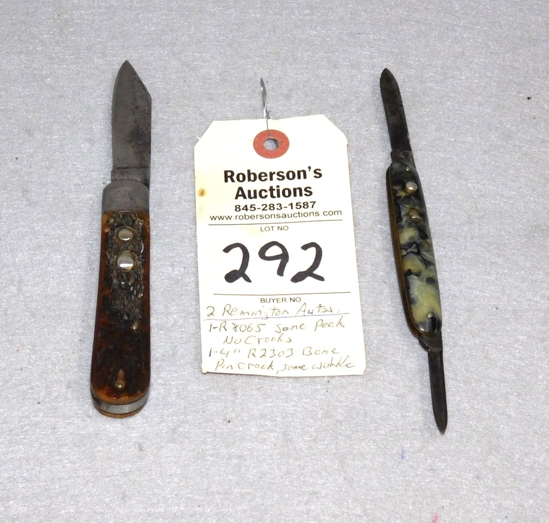 2 - Remington Automatic Knives: 2 - Remington Automatic Knives: 1) 2 Blade 3 3/8"Knife Made By Schrade Cutco w/Celluloid Handles, No Cracks, Fires Well, A8065 Slight Peeks on Blades; 1) Remington Automatic 4"Knife R2303 w/ Bone Hand