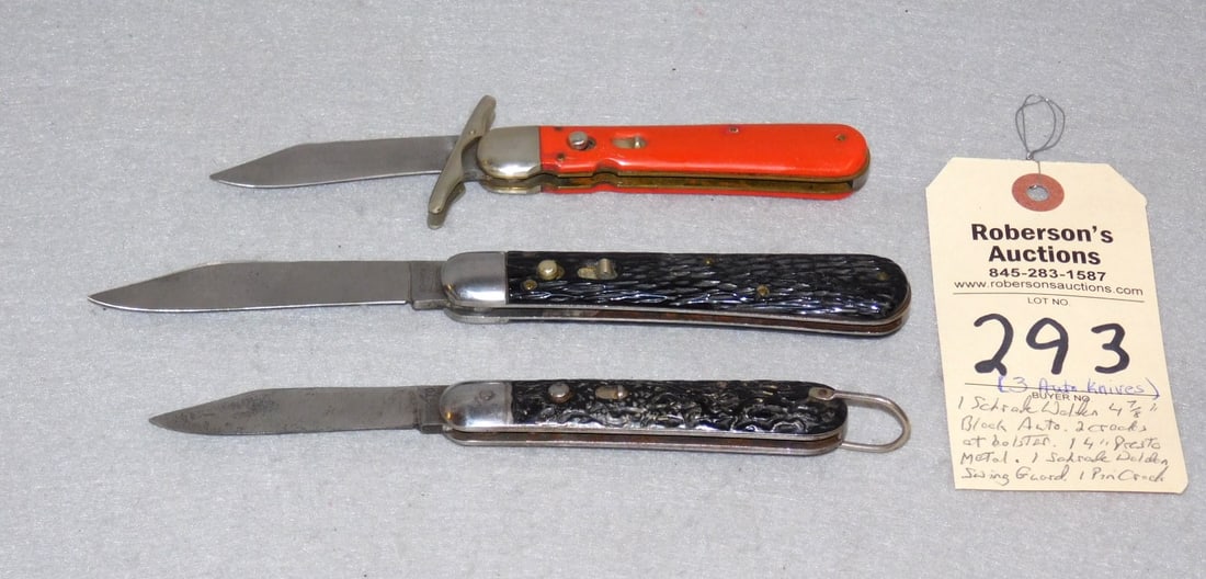 3 - Automatic Presto & Schrade Knives: 3 - Automatic Knives: 1) Schrade Walden Automatic Knife w/ Black Plastic Handles, Couple of Pin Cracks at Bolster, Fires Well, Some Wobble; 1) Presto Automatic 4"Knife w/ Metal Handles, Fires Great, S