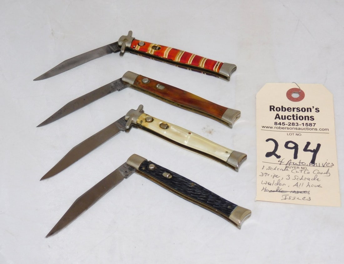 4 - Schrade Cutco Automatic Knives: 4 - Schrade Cutco Automatic Knives: 1) Schrade Cutco Candy Stripe Celluloid Automatic Knife, 1 Pin Crack, Some Handle Roughness, Fires Well, Some Wobble; 1) Schrade Walden Automatic Knife w/Jigged Bla
