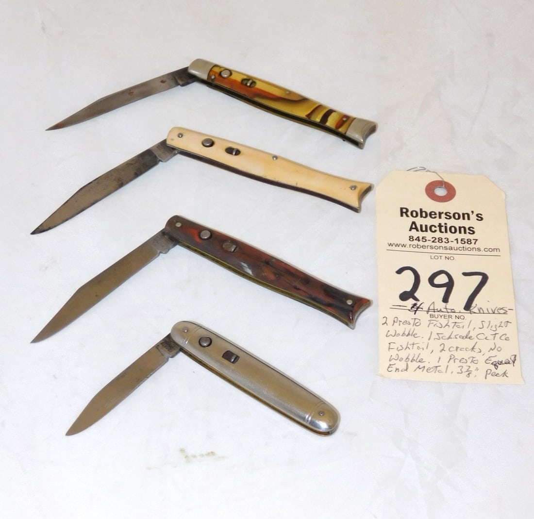 4 - Automatic Cutco & Presto Knives: 4 - Automatic Cutco & Presto Knives: 1) 2 - Presto Fishtail Automatic Knives 4" w/Celluloid Handles, No Cracks, Fires Well, Slight Wobble; 1) Schrade Cutco 4" Fishtail Automatic Knife w/ Celluloid Han