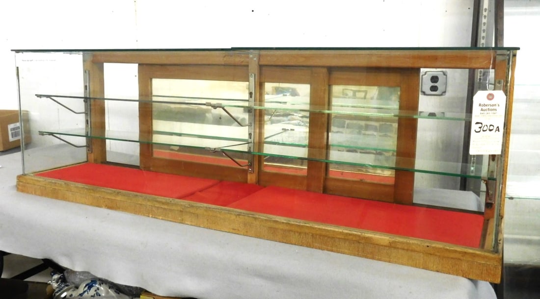 Counter Top Glass & Wood Showcase: Counter Top Glass & Wood Showcase w/Double Sliding Doors - 56" L x 14" W x 18"H in Gd Cond.