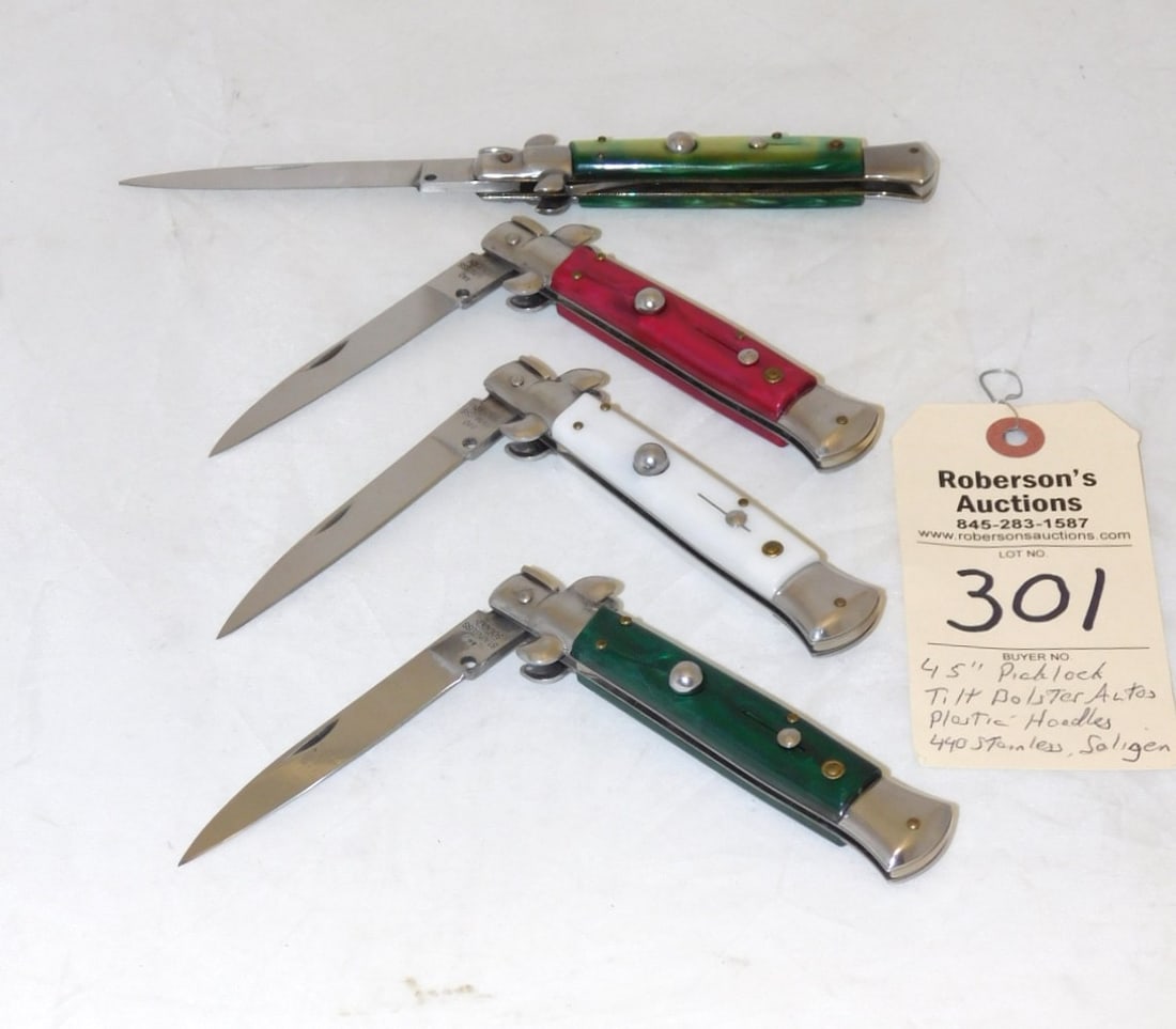 4 - Picklock Titlt Bolster Automatic Knives: 4 - PicklockTitlt Bolster Automatic Knives, 5" Closed w/Colorful Plastic Handles, Fires Well, Marked 440 Stainless Soligen in VG Cond.