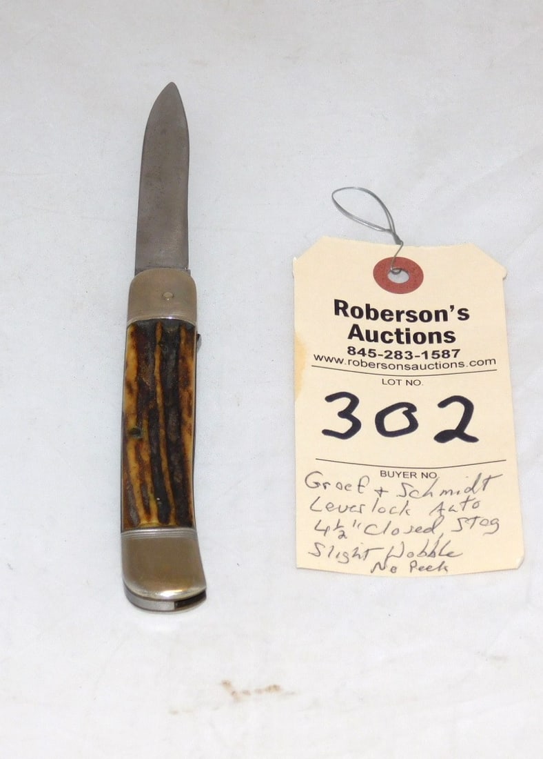 Graef and Schmidt Automatic Knife: Graef and Schmidt Lever Lock Automatic Knife, 4 1/2" w/Closed Stag Handles, No Cracks, Some Wobble, No Peek in GD Cond.