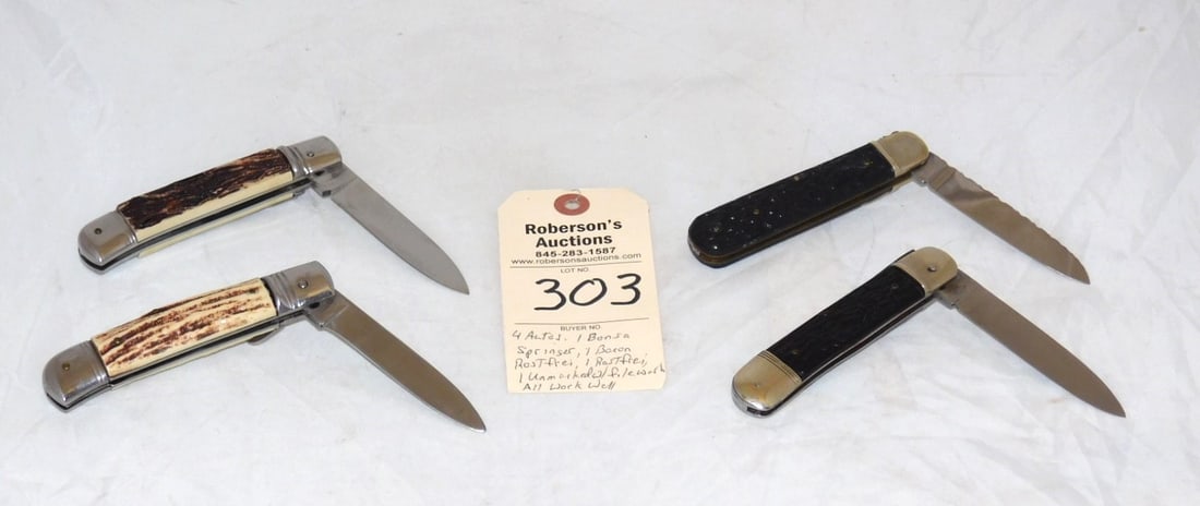 4 - Automatic Knives: 4 - Automatic Knives: 1) Bonsa Springer Automatic Knife w/Black Plastic Handles, No Cracks, Fires Well; 1) Baron Rostfrei Lever Lock Automatic Knife w/Plastic Handles, Fires Well; 1) Rostrei Marked Le