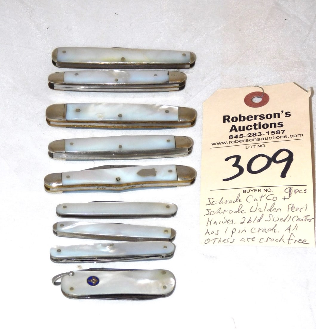 Variety of Schrade MOP Knives: Variety of Schrade Cutco & Schrade Walden Mother of Pearl Knives - The 2 Black Swell Center Has 1 Crack, All Others are Crack Free in VG Cond., Knives Range in Sz. from 2 1/2"- 3 3/8"