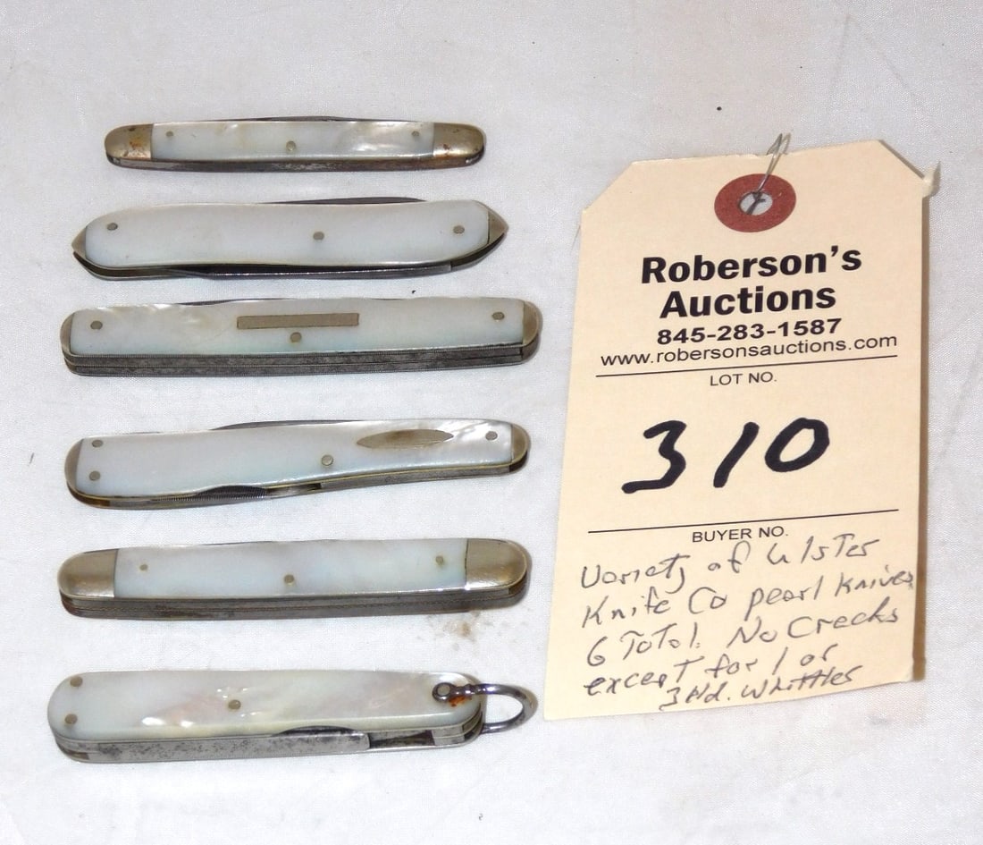 6 - Ulster Knife Co. MOP Knives: 6 - Ulster Knife Co. Mother of Pearl Knives - 3 Blade Whittle Has 1 Pin Crack, All Others Crack Free in VG Cond., Knives Range in Sz. from 2 3/4 - 3"