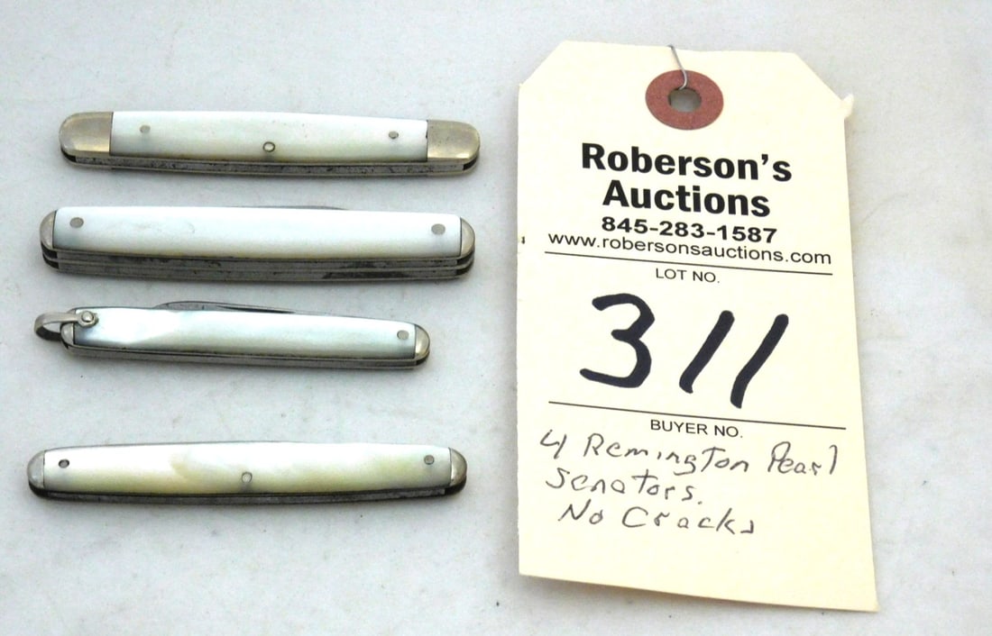 4 - Remington MOP Handled Knives: 4 - Remington Mother of Pearl Handled Knives, No Cracks in VG Cond., Knives Range in Sz. from 2 1/2"- 3"