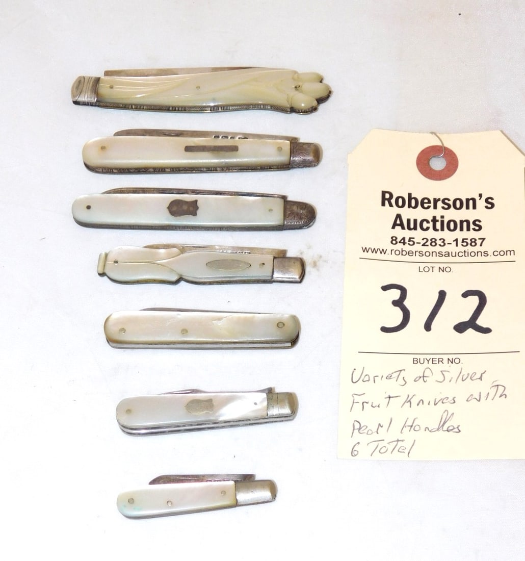 Variety of 6 Silver Fruit Knives: Variety of 6 Silver Fruit Knives w/ MOP Handles in Gd. Cond., Knives Range in Sz. from 1 3/4"- 3 3/4"