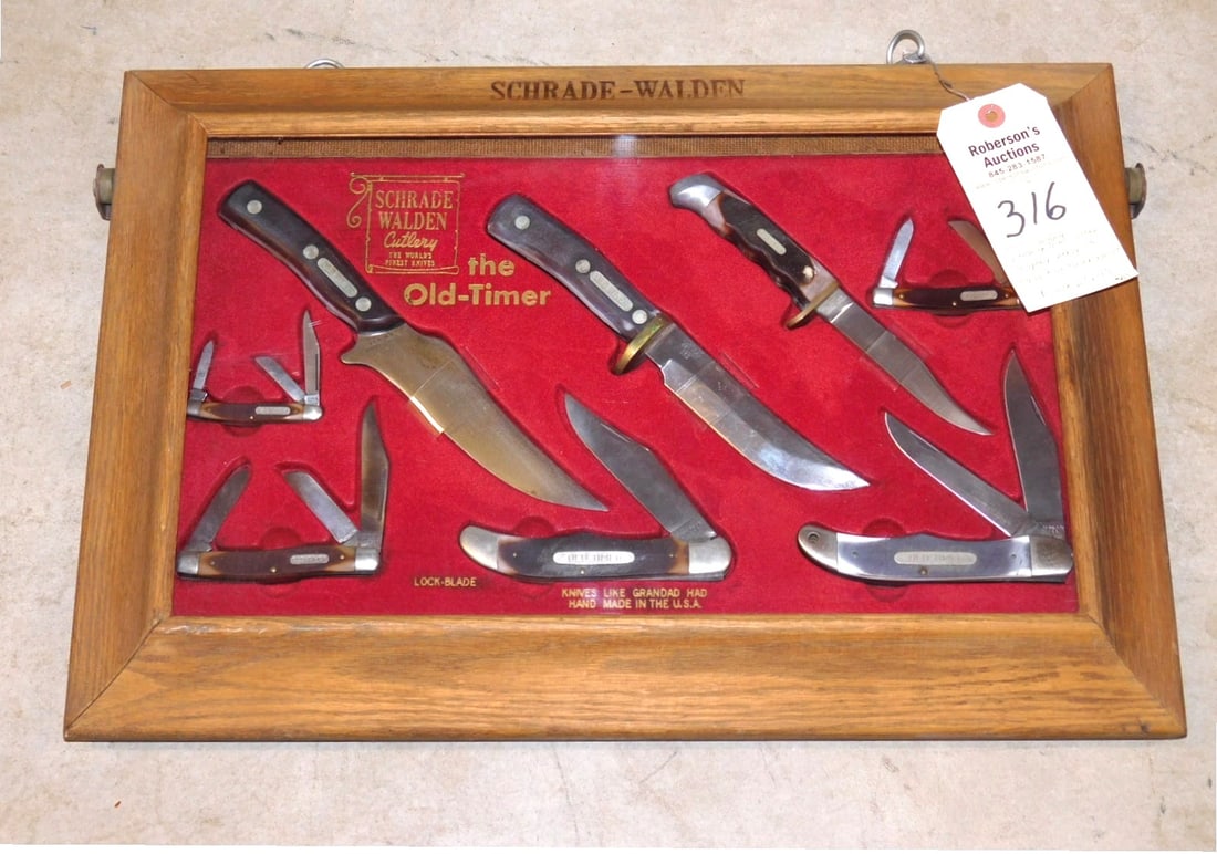 Schrade Display w/8 "Oldtimer" Knives: Schrade Walden Wall Hanging Store Display Case w/ 8 Original Schrade Walden Mounted Knives, Case - 21" x 14 1/2" x 2 1/2" in Oak Frame in VG Cond.