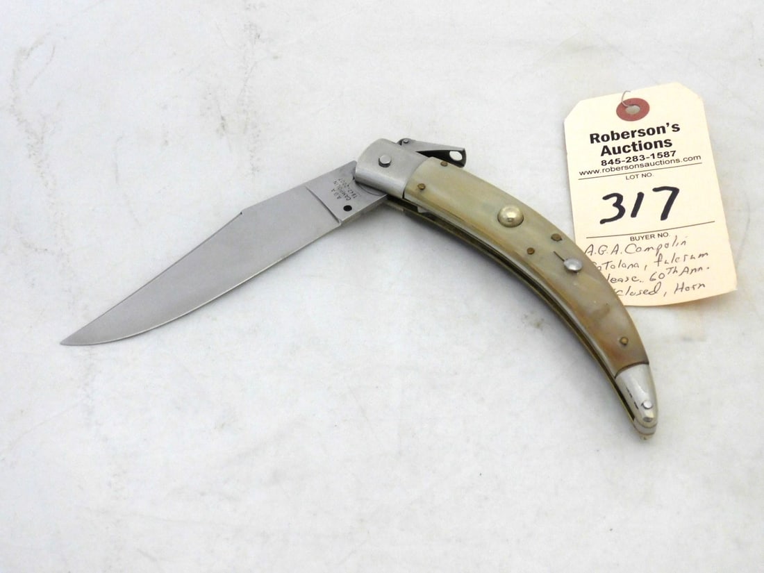 A.G.A Campolin Catalana 60th Annv.Knife: A.G.A Campolin Catalana with Fulcrum Release Lever, 60th Anniversary Automatic Knife w/ Horn Handles, 7" Closed, No Cracks in VG Cond.