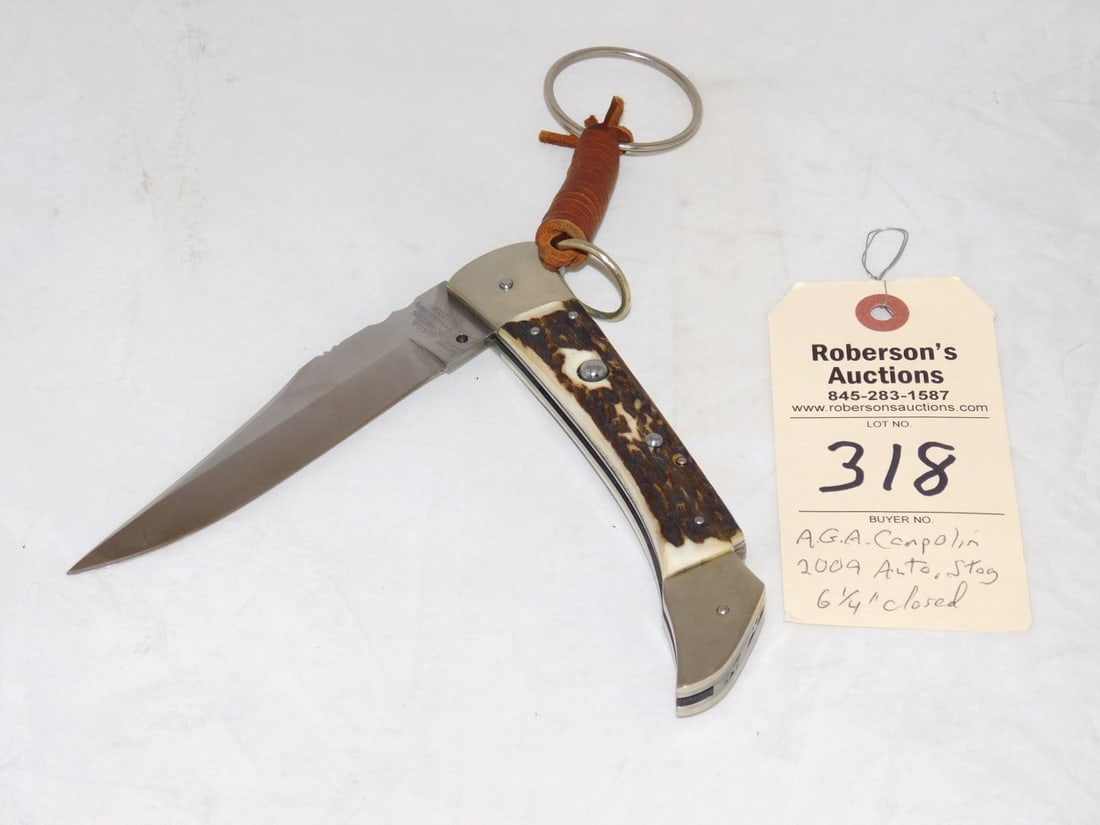 A.G.A. Campolin 2009 Automatic Knife: A.G.A. Campolin 2009 Automatic Knife, Fileworked Blade & Spring, Stag Handles, No Cracks, 6 1/4" Closed in VG Cond.
