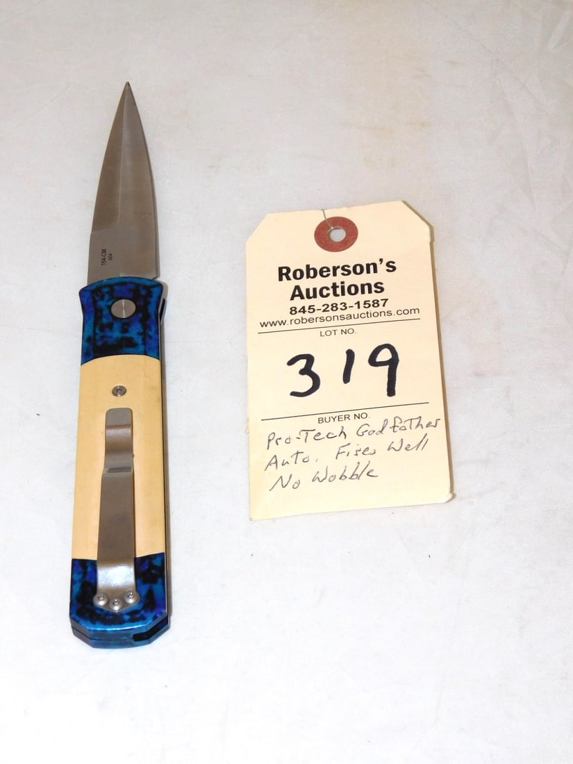 Pro Tech Godfather Automatic Knife: Pro Tech Godfather Automatic Knife w/154- CM Steel Blade, Fires Well, No Wobble in VG Cond. - 5 3/8"