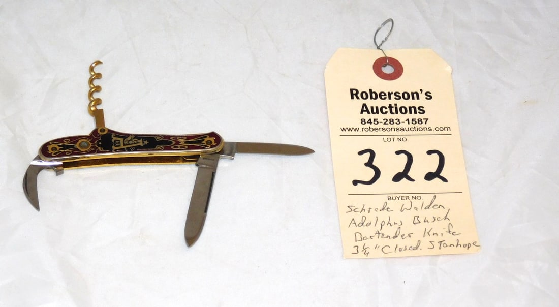 Schrade A. Busch Bartender's Knife: Schrade Walden Adolphus Busch Bartender's Knife, 3 1/4" Closed, Stainless Blades, Brass & Enamel Handles w/Stanhope Lense in VG Cond.