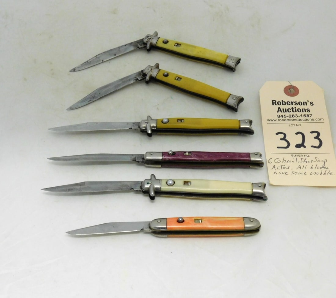 6 - Colonial Shur-Snap Automatic Knives: 6 - Colonial Shur-Snap Automatic Knives, All Blades Have Some Wobble, Plastic Handles w/Some Shrinkage in GD Cond., Knives Range in Sz. from 3 1/4"- 4"
