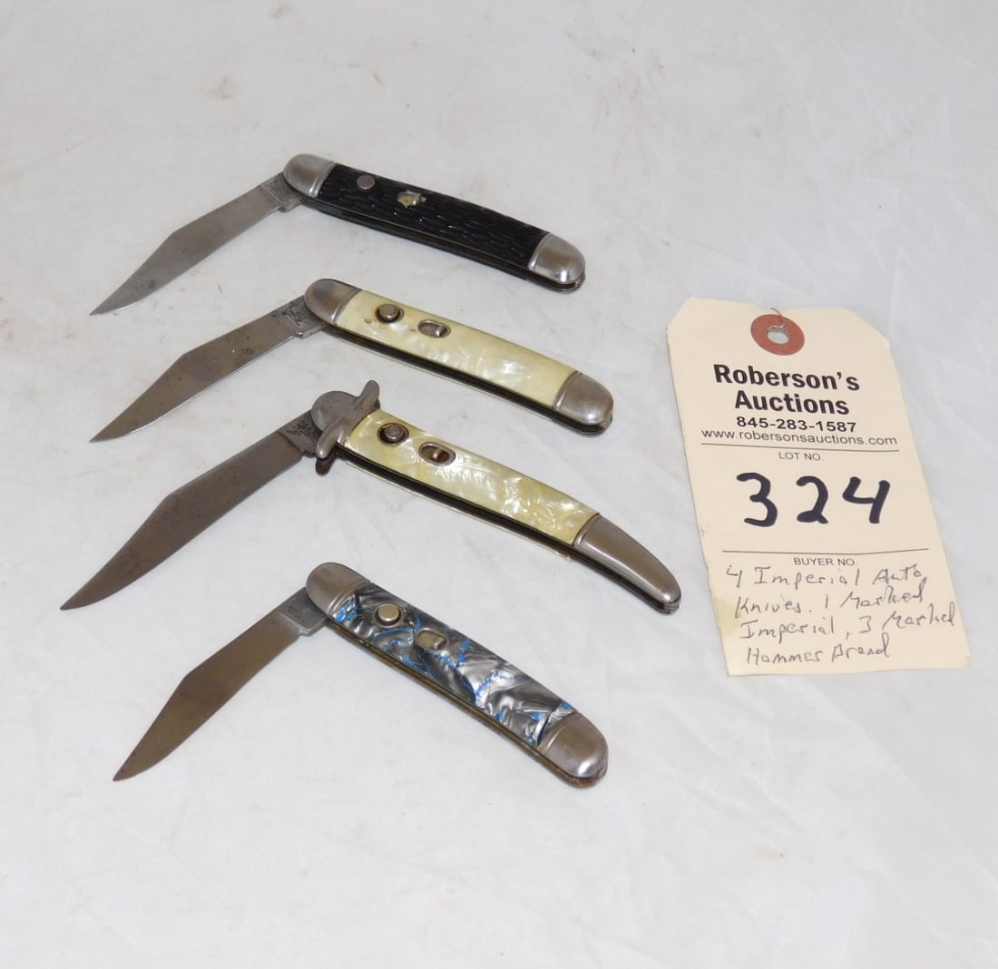 4 - Imperial Hammer Brand Auto. Knives: 4 - Imperial Hammer Brand Automatic Knives w/ Blue Swirl Handle, Has Some Blade Wobble, All Others are Good, Plastic Handles Have No Cracks in GD Cond., Knives Range in Sz. from 3 1/2"- 4 1/4"