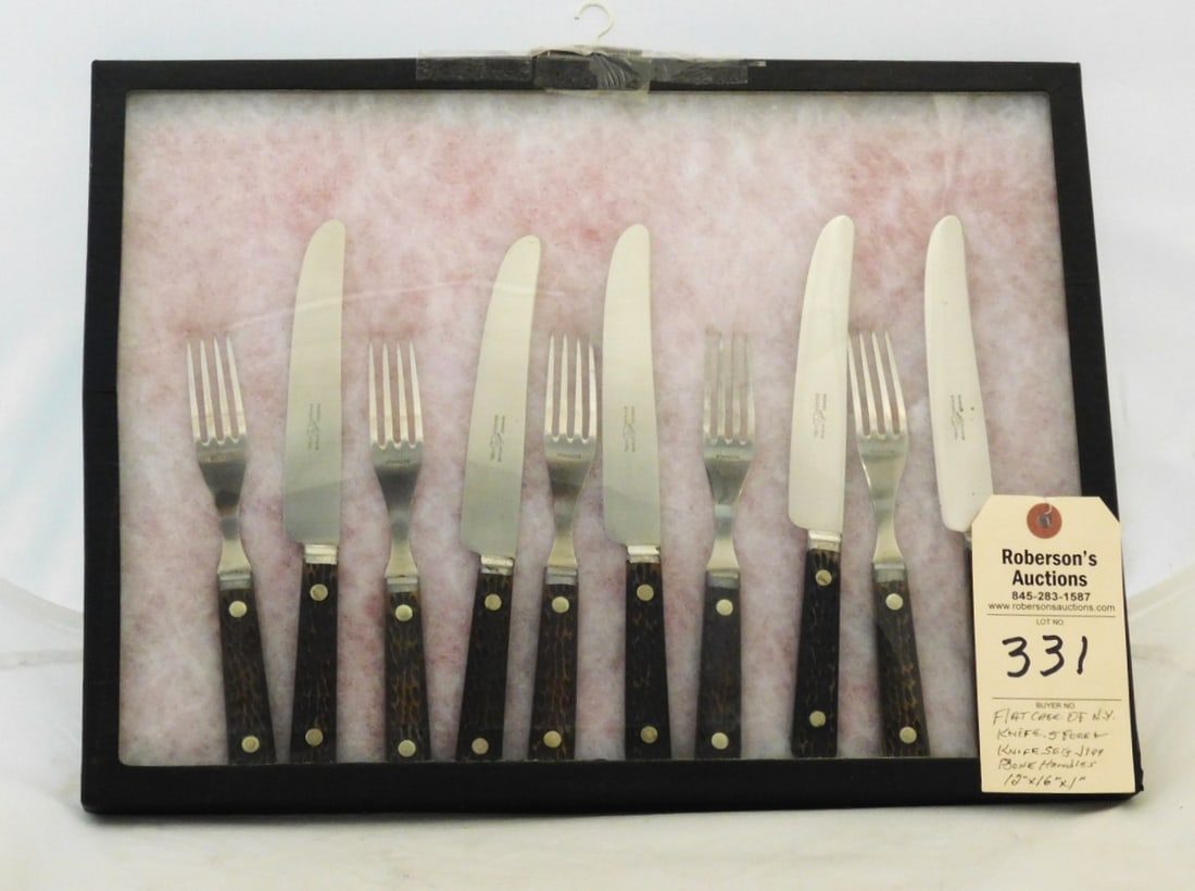 5 Sets NY Knife Co. Knives & Forks: 5 Sets NY Knife Co. Knives and Forks, Jigged Bone Handles, No Cracks, Circa 1900 in VG Cond., Case - 12 1/4" x 16 1/4" x 1"