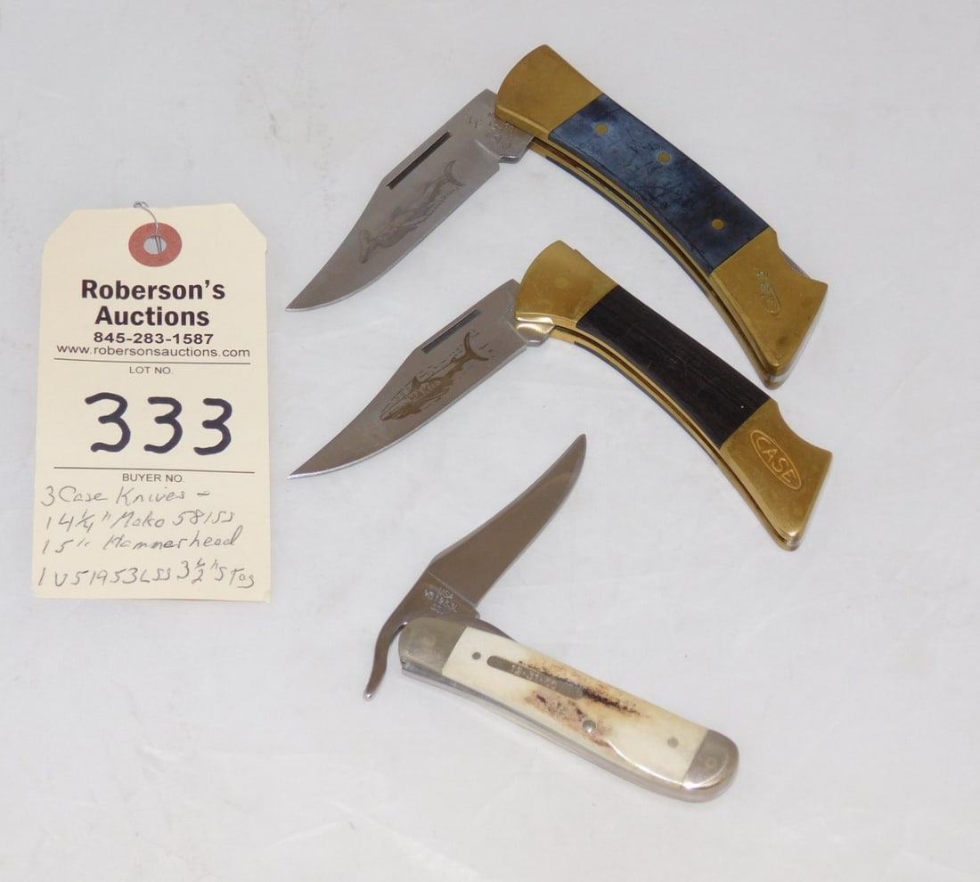 3 - Case Knives: 3 - Case Knives: 1) 4 1/4" Mako 581SS w/ Wood Handles, No Cracks; 1) Case 5" Hammerhead 591SS; 1) Case V519536SS - 3 1/2" w/Stag Handles. All in VG Cond.