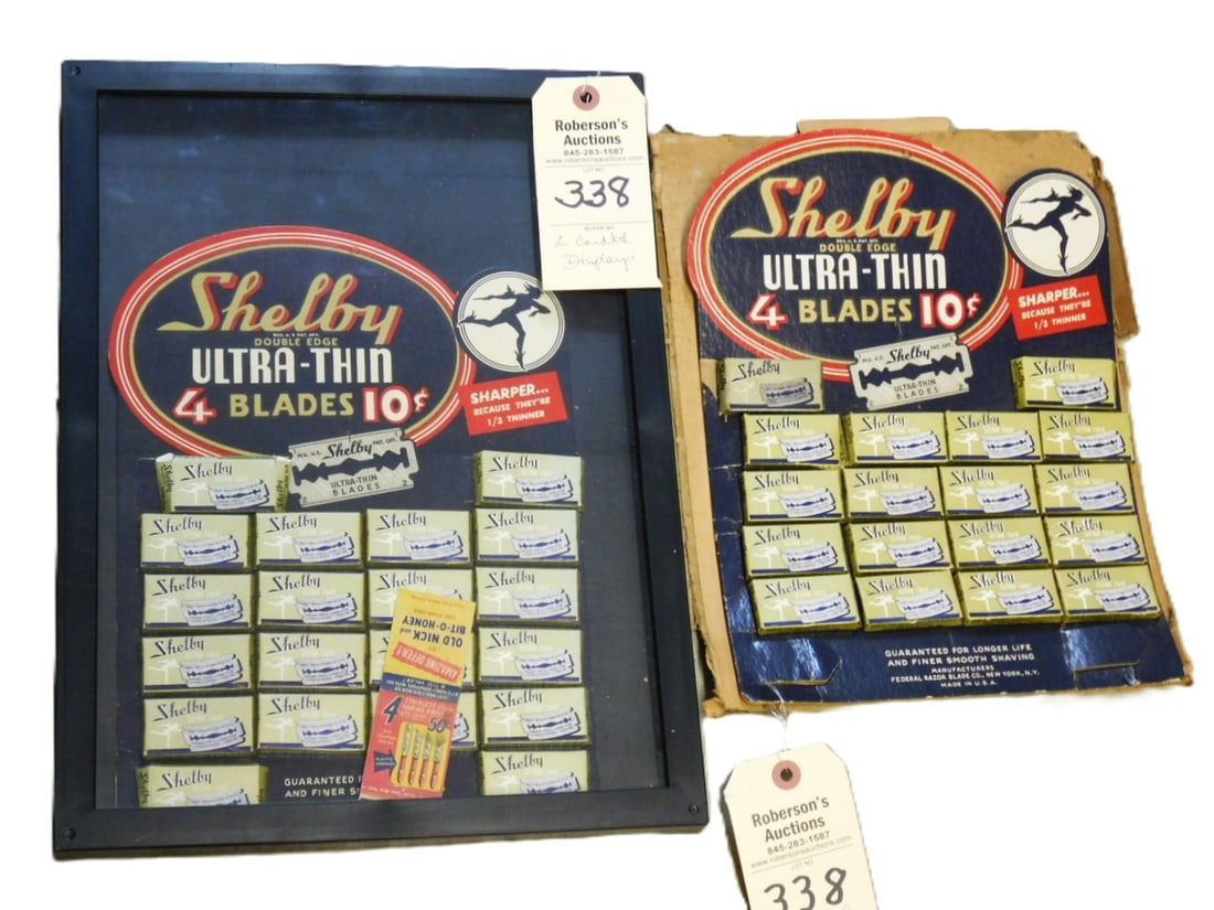 Collection of Shelby Razor Blades: Collection of 38 Shelby Razor Blades in Boxes on 2 Card Advertising Displays - 12" x 16" x 1" & 10" x 13" x1" in GD Cond.