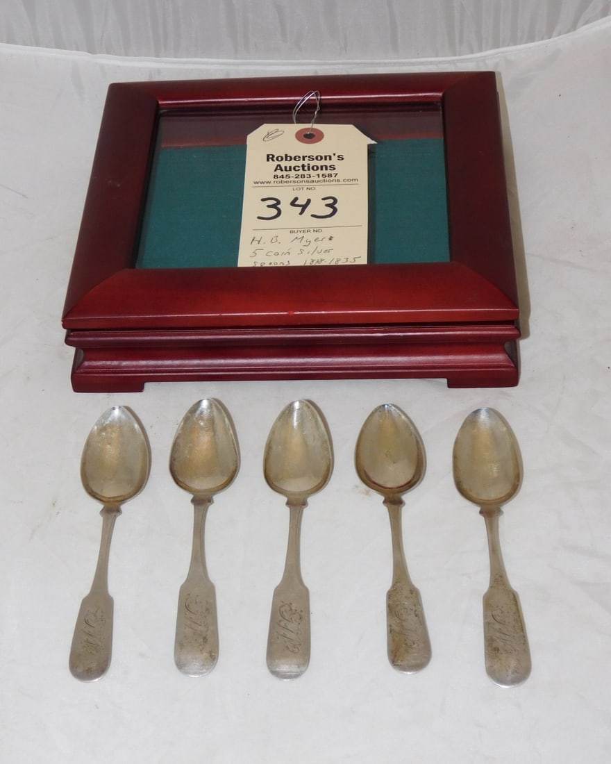 5 - Coin Silver Teaspoons: 5 - Coin Silver Teaspoons Hallmarked "H.R. Myer" in Wooden Case, Monogramed "G.W", Case 8 x 8 3/4" in Gd. Cond.