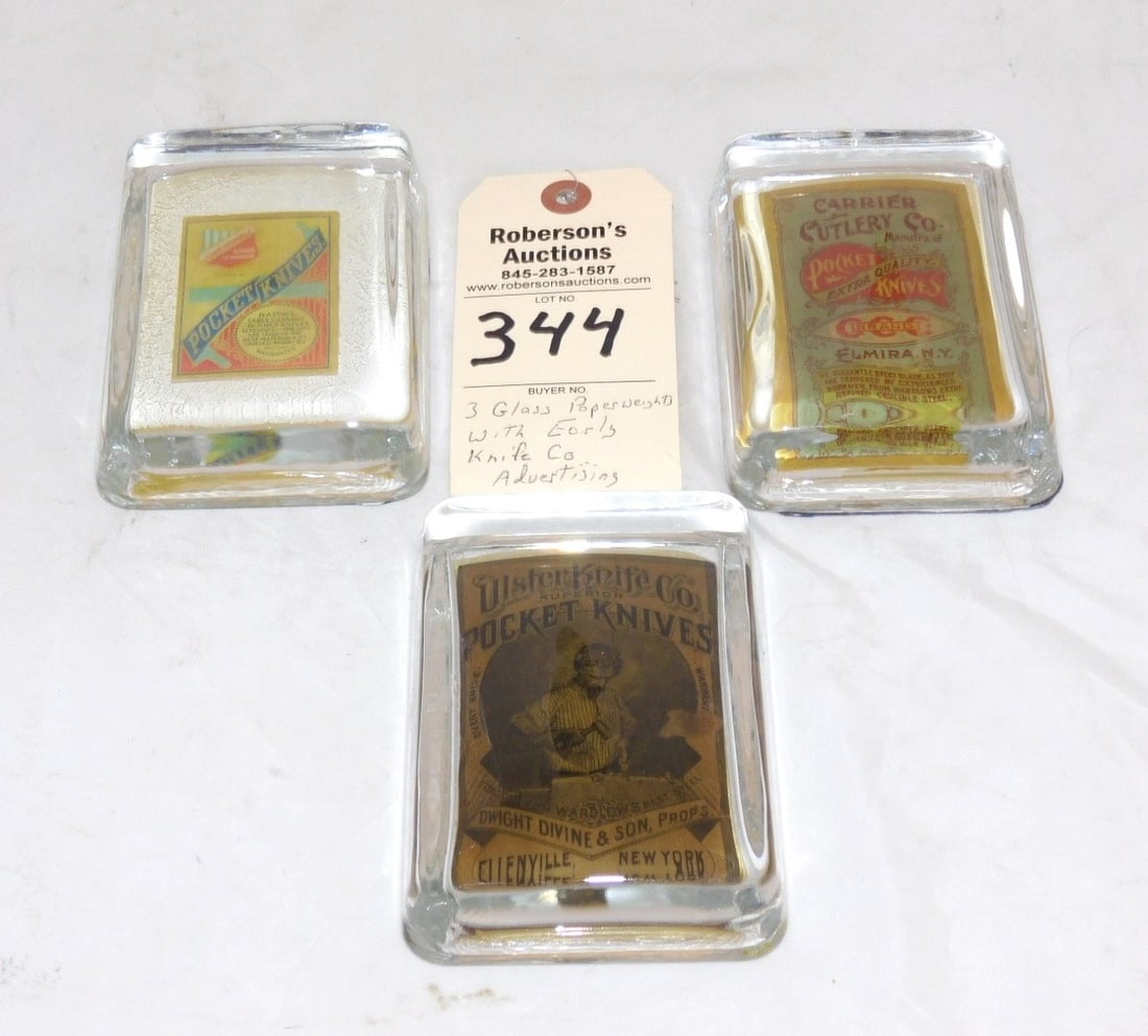 3 - Glass Advertising Paperweights: 3 - Glass Advertising Paperweights of Early Knife Companies incl. John Primble, Ulster Knife Co. & Carrier Cutlery Co., All 3 1/2"x5" Ea.
