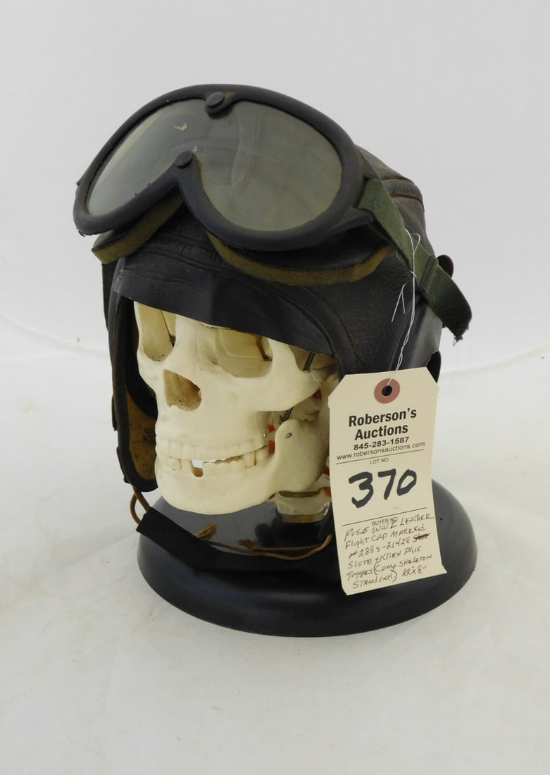 Poss. WWI Leather Flight Cap: Poss. WWI Leather Flight Cap Marked #288S-21428 - Slote & Klein, Also Incl. Pr of Goggles & Composition Skeleton Stand in Gd. Cond.