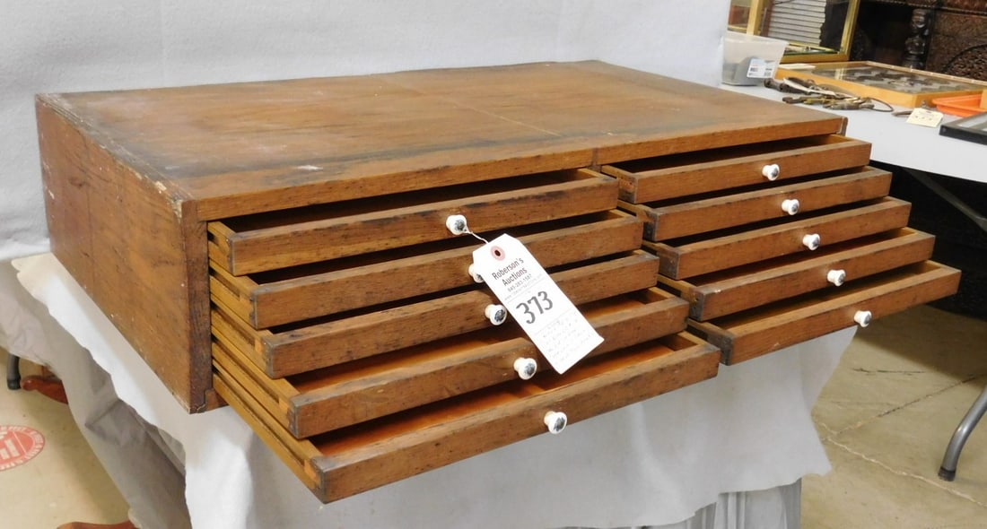 10 Drawer Desk Top File Cabinet: 10 Drawer Desk Top Chestnut File Cabinet For Sm. Maps, etc.- 33"L x 18"W x 8"D in Gd. Cond.