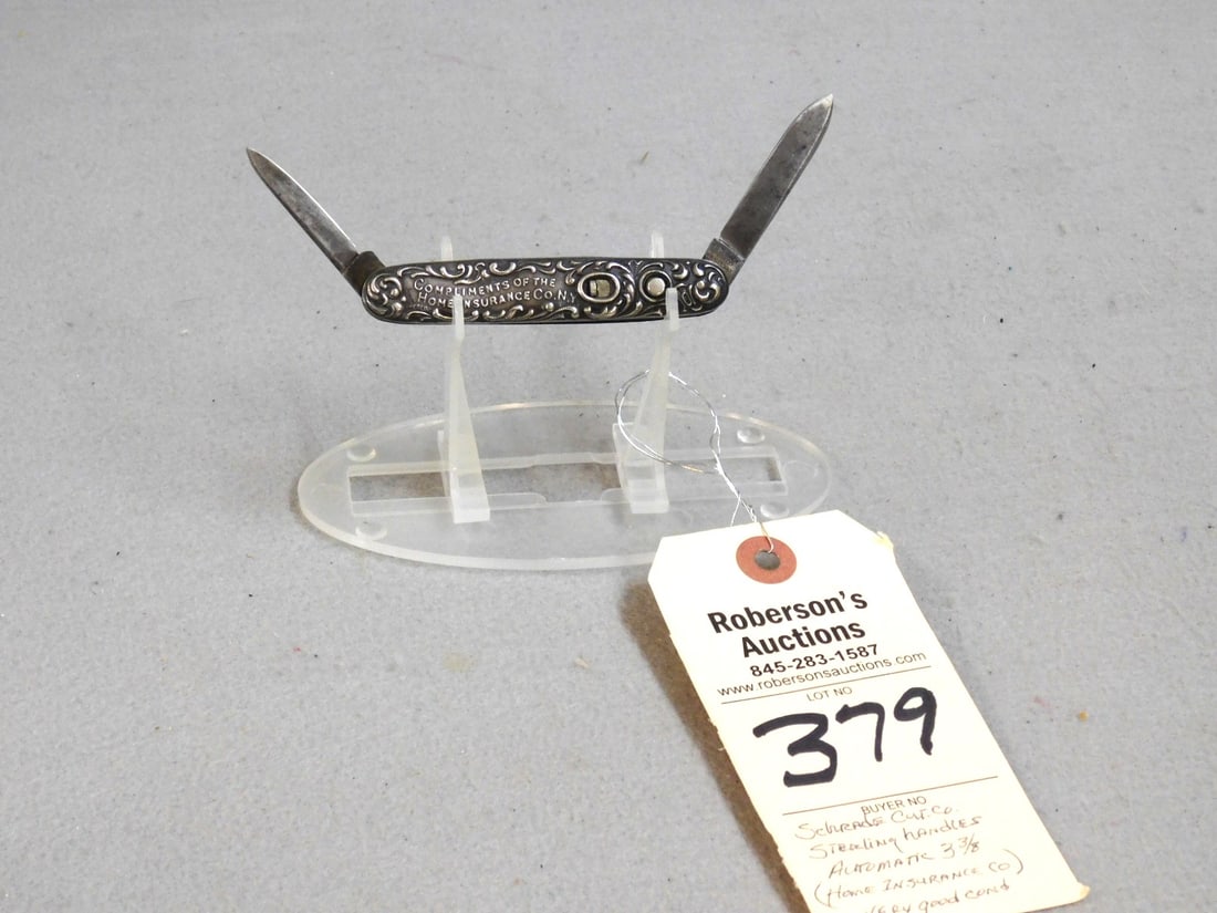 Schrade Cutco Sterling Knife: Schrade Cutco Sterling Automatic Knife - 3 3/8" w/Fancy Sterling Handles, Double Blade Marked "Home Insurance Co." in VG Cond.