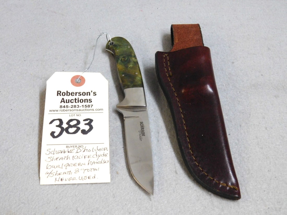 Schrade D'Holder Sheath Knife: Schrade D'Holder Sheath Knife w/Burl Green Handles 8", w/Sheath 9", Never Used Cond.