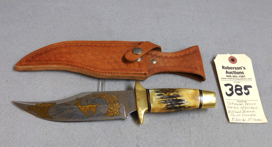 Schrade Bowie Knife: Schrade Bowie Knife USA Ltd. w/ 6 1/2" Etched Golden Scene w/Running Deer, Bone Handle 11", Original Sheath w/Sheath - 12" in GD Cond.