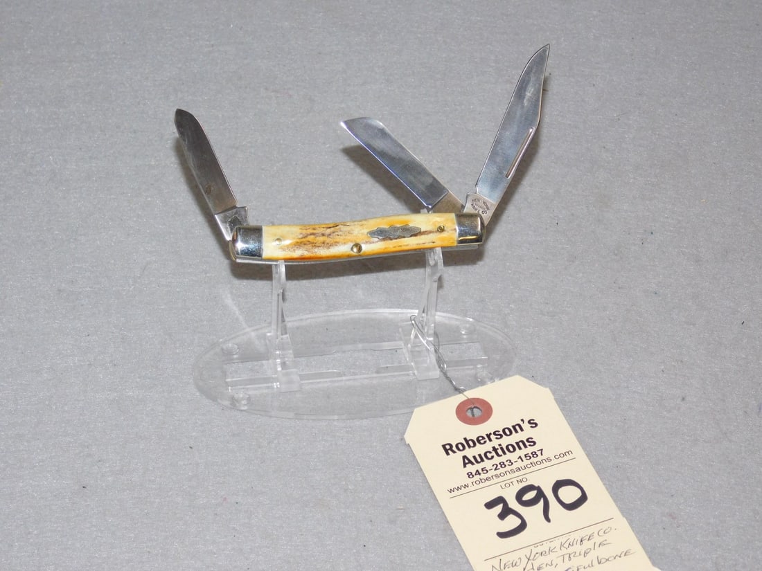 NY Knife Co. Triple Blade Knife: NY Knife Co. Triple Blade Knife w/Beautiful Bone Handles in VG Cond. - 4"