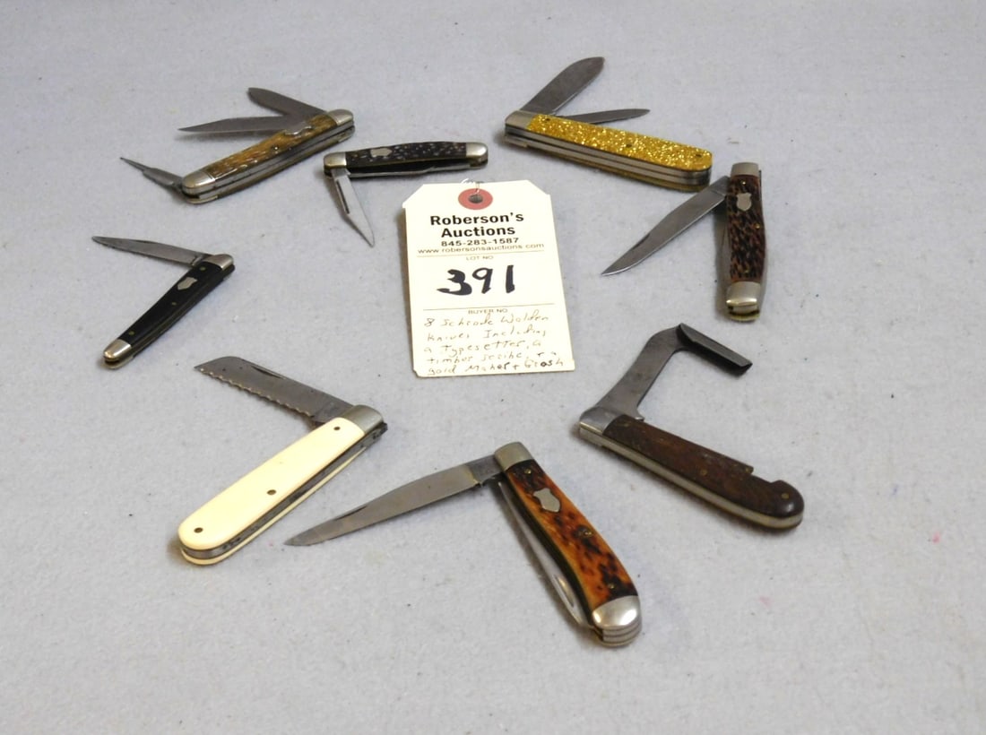 8 - Schrade Walden Knives: 8 - Schrade Walden Knives Incl. a Typesetter, a Timber Scribe & Gold Maher & Grosch plus Others in Gd. Cond. Ranging in Sz. from 3 - 4"
