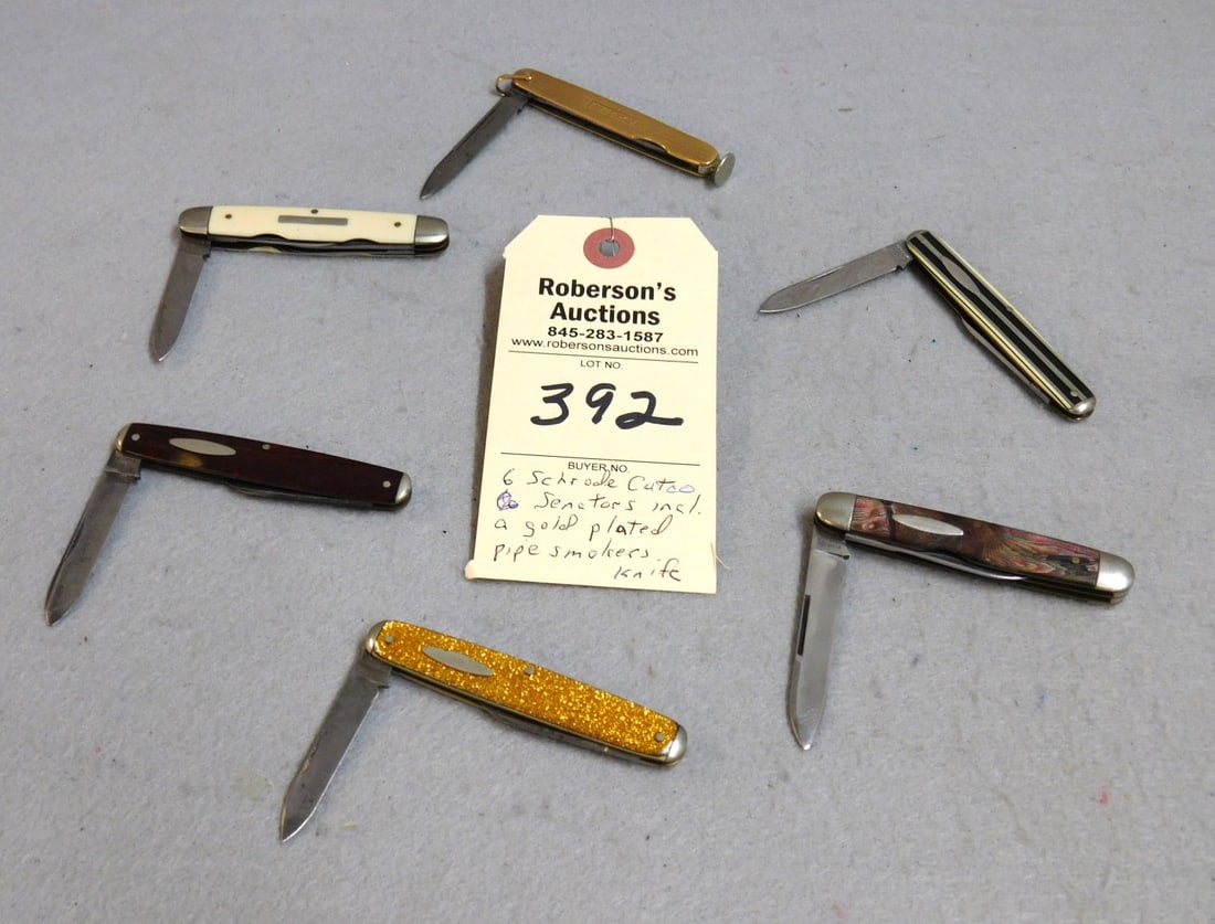 6 - Schrade Cutco Senator Knives: 6 - Schrade Cutco Senator Knives incl. a Goldplated Pipe Smoker's Knife in Gd. Cond. - Ranging in Sz. From 3 - 3 1/4"