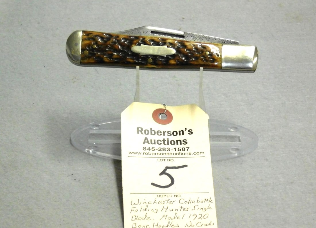 Winchester Coke Bottle Knife: Winchester Coke Bottle Folding Hunter's Knife w/Bone Handles Mo.1920, Single Blade in GD Cond. - 5".