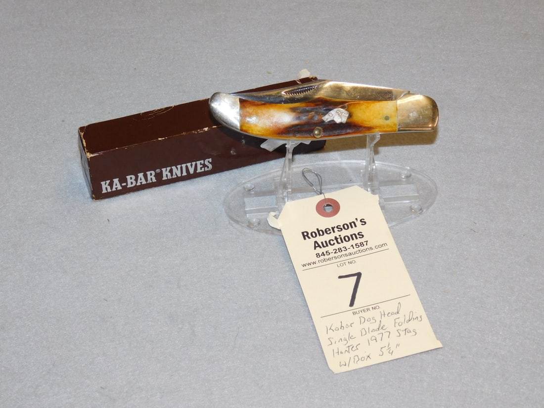 Kabar Single Blade 1977 Folding Knife: Kabar Single Blade Folding Hunter's Knife, 1977 w/ Stag Handles w/ Box in VG Cond. - 5 1/4".