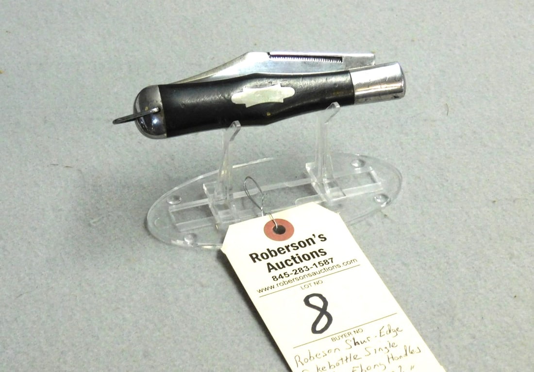 Robeson Shur-Edge Single Blade Knife: Robeson Shur-Edge Single Blade Coke Bottle Knife w/ Ebony Handle, Mod. 112118 -1/4 in GD Cond. - 5 1/4"