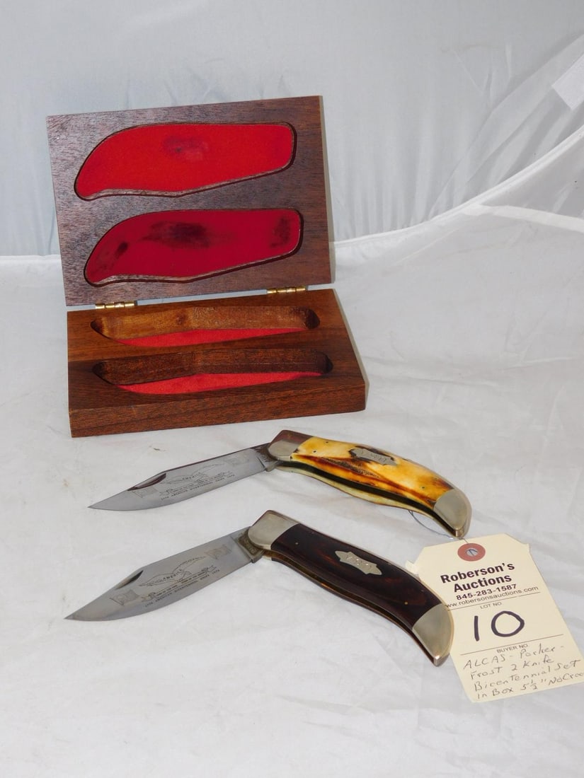 Alcas Parker Frost 2 Knife Bicentennial Set: Alcas Parker Frost 2 Knife Bicentennial Set in Box, Both Single Blade Clasp Knives, 1 - w/Stag Handle, 1- w/Wood Handle in Ex. Cond. - 5 1/2" Ea.