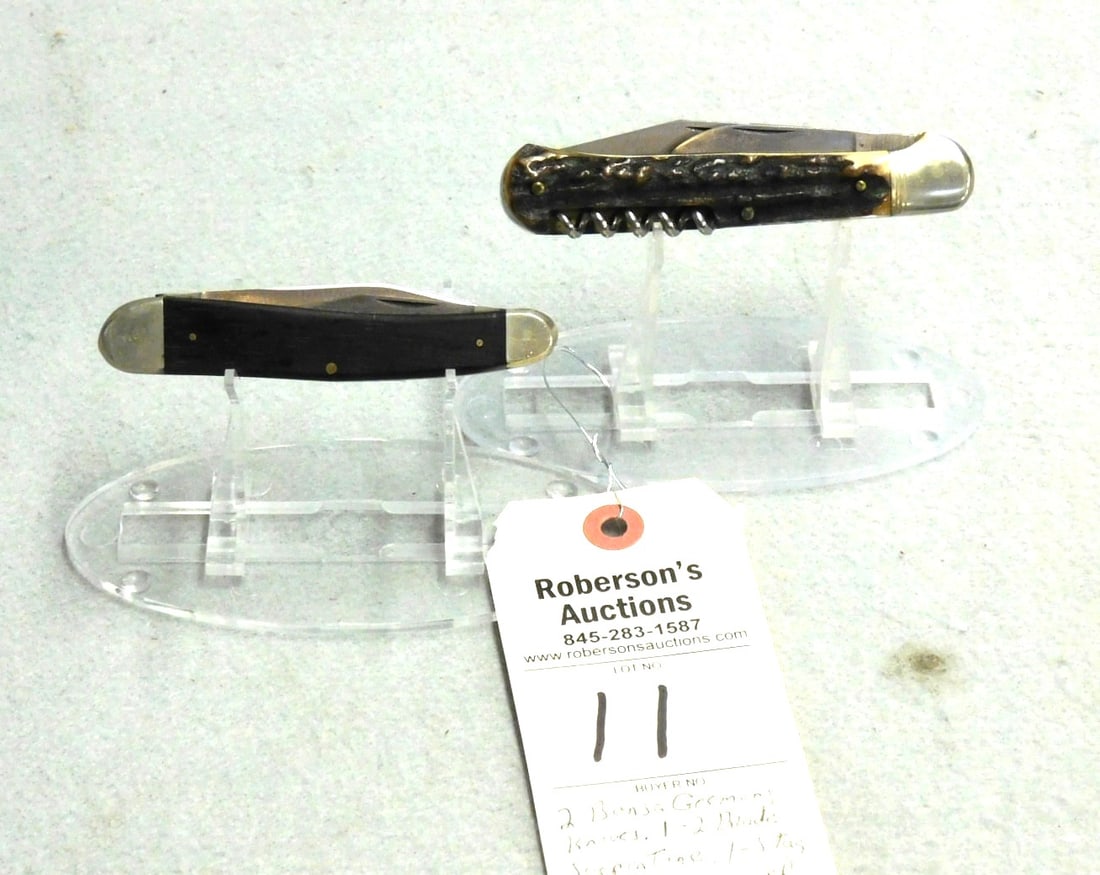 2 - Bonsa German Pocketknives: 2 - Bonsa German Pocketknives: 1 - 2 Blade Serpentine 4" w/Wooden Handles; 1- Woodsman Knife, 4 1/4" w/Stag Handles in GD Cond., Unused.