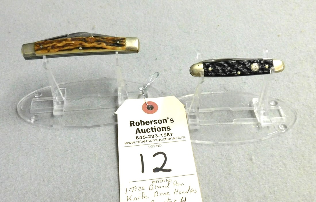 2- Folding Knives: 2- Folding Knives; 1-Tree Brand Pen Knife w/Bone Handles 3"; 1- Hen and Rooster 4 Blades Congress w/ Stag Handles - 3 3/4" in GD Cond.