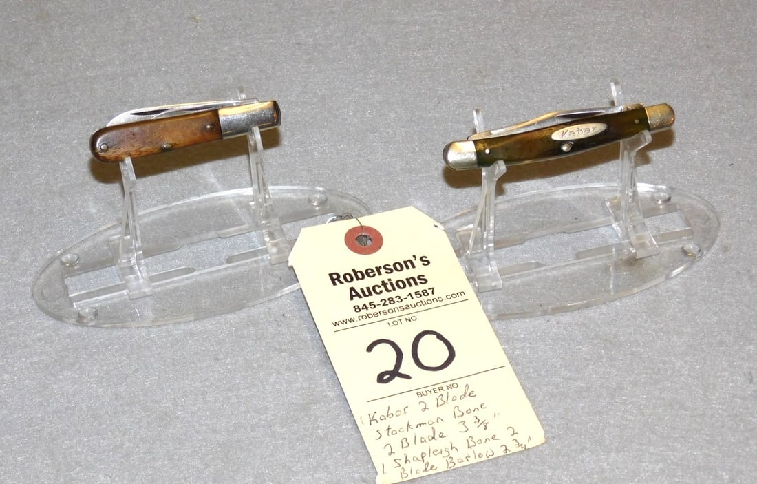 2 - Knives - Kabar & Shapleigh: 2 - Knives: 1 - Kabar Double Blade Stockman w/Bone Handle, 3 3/8"; 1 -Shapleigh Double Blade Barlow - 2 3/4" w/Bone Handles in GD Cond.