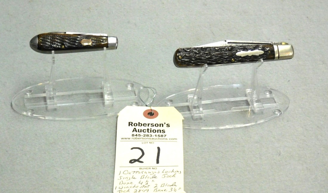 2 - Knives - Cattaraugus &Winchester: 2 - Knives: 1- Cattaraugus Locking Single Blade Knife w/ Bone Handles, No Cracks- 4 1/2"; 1- Winchester Double Blade Jackknife, Mod. 2849 - 3 1/4" w/ Bone Hdls. in GD Cond.