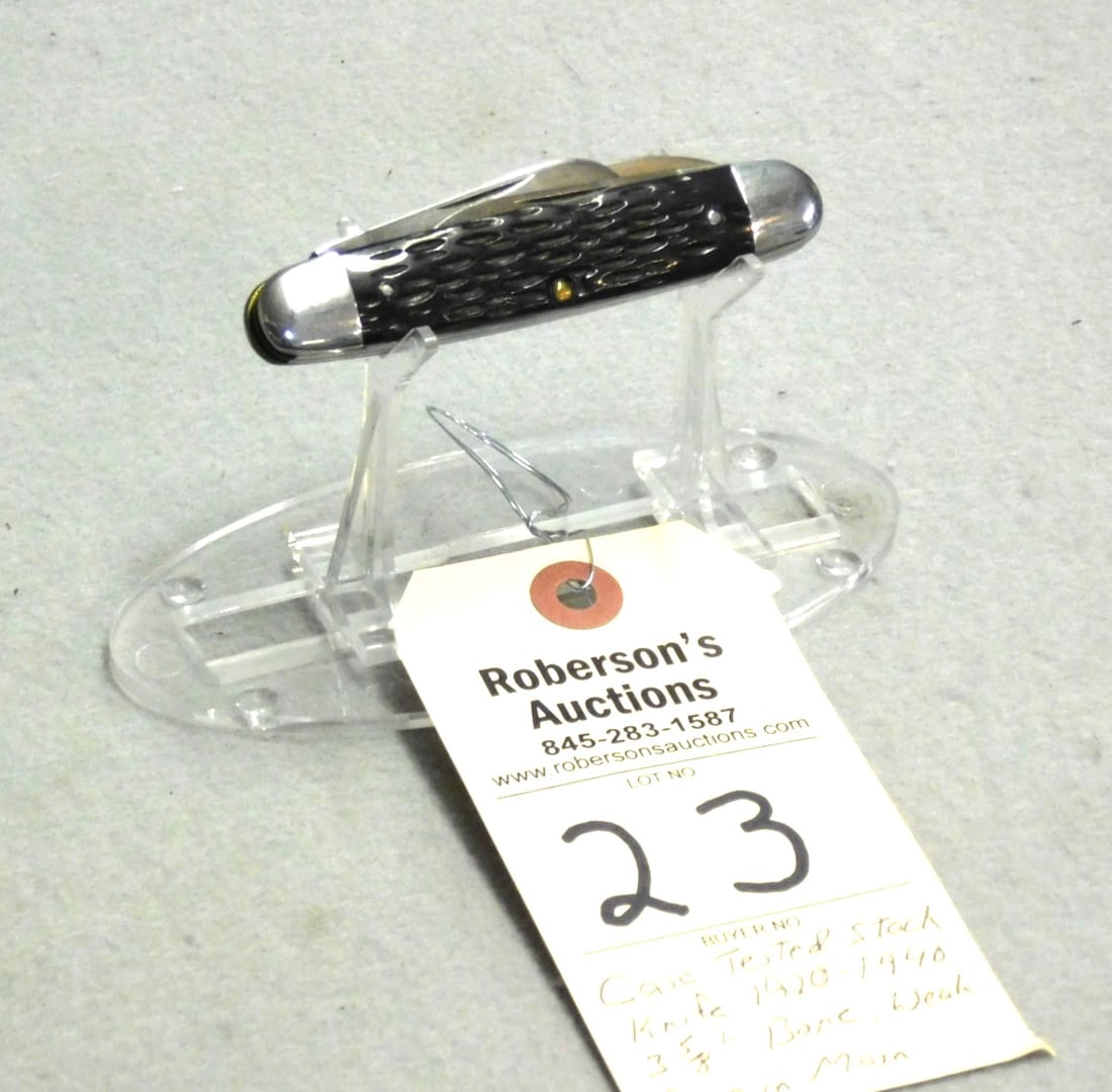 Case Tested 3 Blade Stockknife: Case Tested 3 Blade Stockknife w/ Bone Handles -3 5/8", 1920-40 (Weak Snap Main Blade) Oil? in GD Cond.