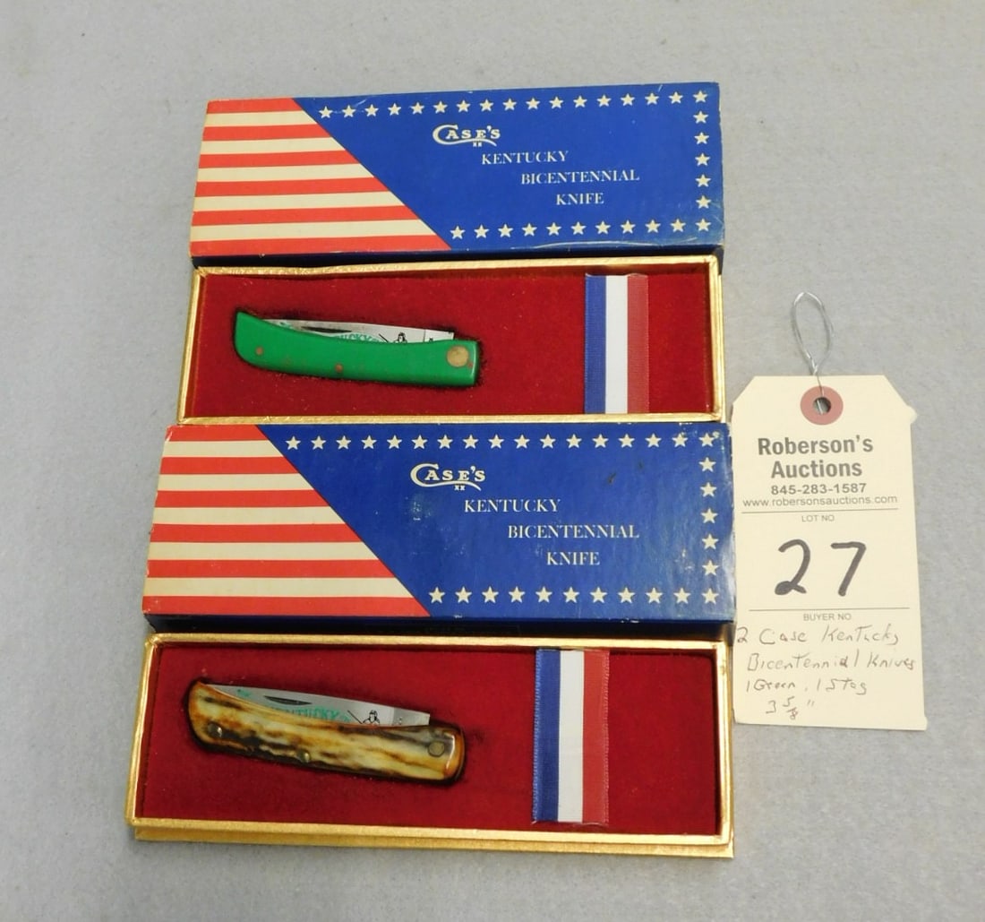 2 - "Case" Kentucky Bicenntenial Knives: 2 - "Case" Kentucky Bicenntenial Knives, Both in Orig. Boxes, 1976 - 1 w/Green Hdl., 1 w/ Stag Hdl. in Ex. Cond. - Both - 3 5/8".