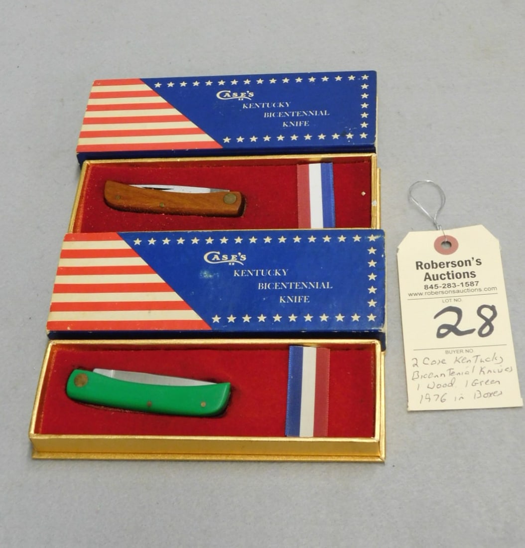 2 - "Case" Kentucky Bicentennial Knives: 2 - "Case" Kentucky Bicentennial Knives in Orig. Boxes, 1976 - 1 w/ Green Handle, 1- w/Wood Handle in Ex. Cond. Both - 3 5/8"