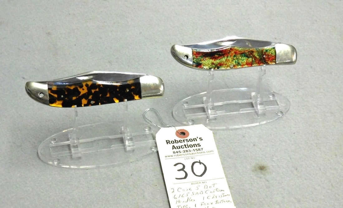2 - "Case" USA 5 DOT Knives: 2 - "Case" USA 5 DOT Single Blade Knives, 6165SAB; 1- Faux Tortoise Shell Handle; 1- Christmas Tree Handle (Custom Handles) in Ex. Cond. - 5 1/4".