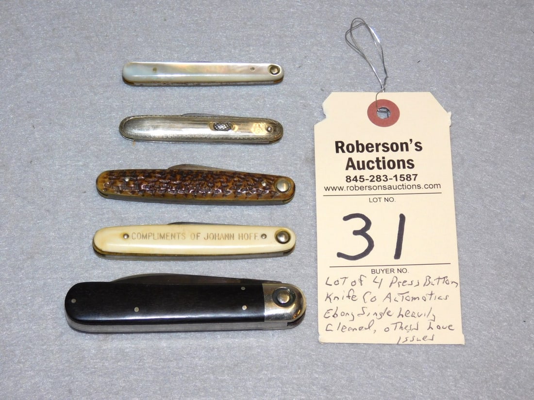 5 - Button Knife Co. Automatic Knives: 5 - Automatic Knives From Press Button Knife Co. (Single blade is heavily cleaned and may have been replaced ) - 4 Others are "As Is" in Used GD Cond. - Sizes Range 2 7/8" to 4".