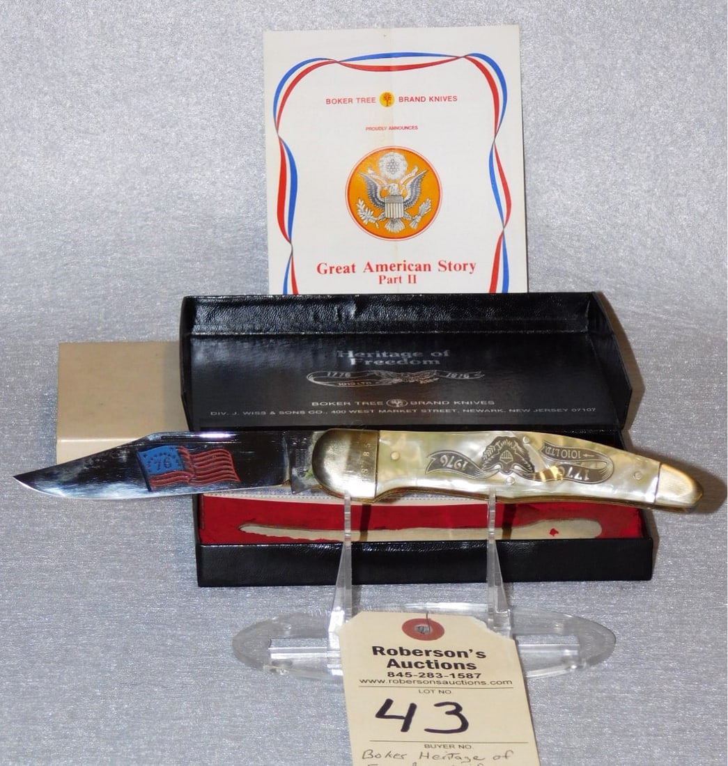Boker Hertiage of Freedom Knife: Boker Hertiage of Freedom Bicentennial Knife w/ Single Etched Blade, Celluloid w/ Orignal Box & Paperwork in GD Cond.- 5 1/4".