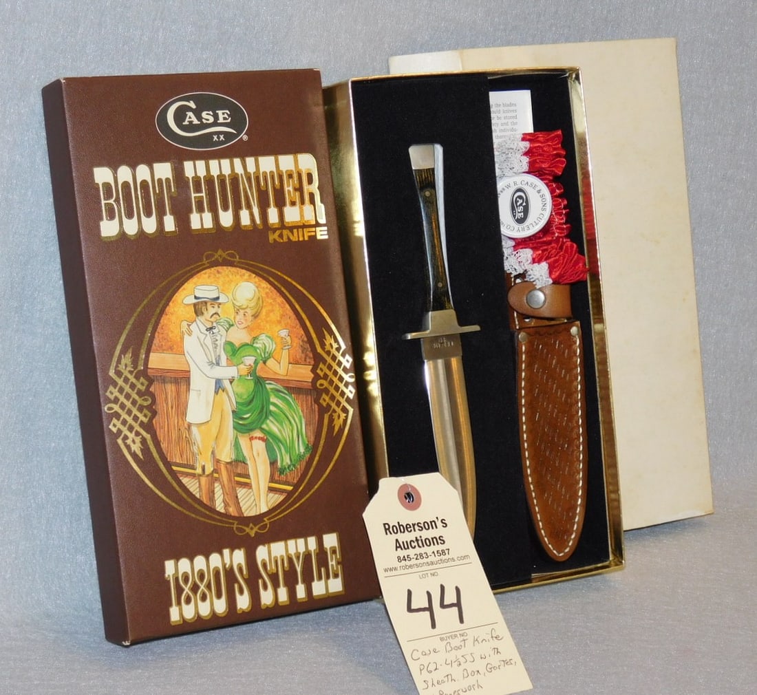 Case Boot Knife: Case Boot Knife - P62-4 1/2SS w/ Sheath, Original Box, Paperwork & Garter w/Wood Handles in VG Cond. Box -10 3/4"x13"