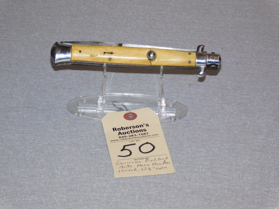 Coricama Automatic Knife: Coricama Automatic Single Blade Picklock Knife w/Horn Handles, One Crack Thru Button in GD to Fair Cond. - 13 1/4" Open.