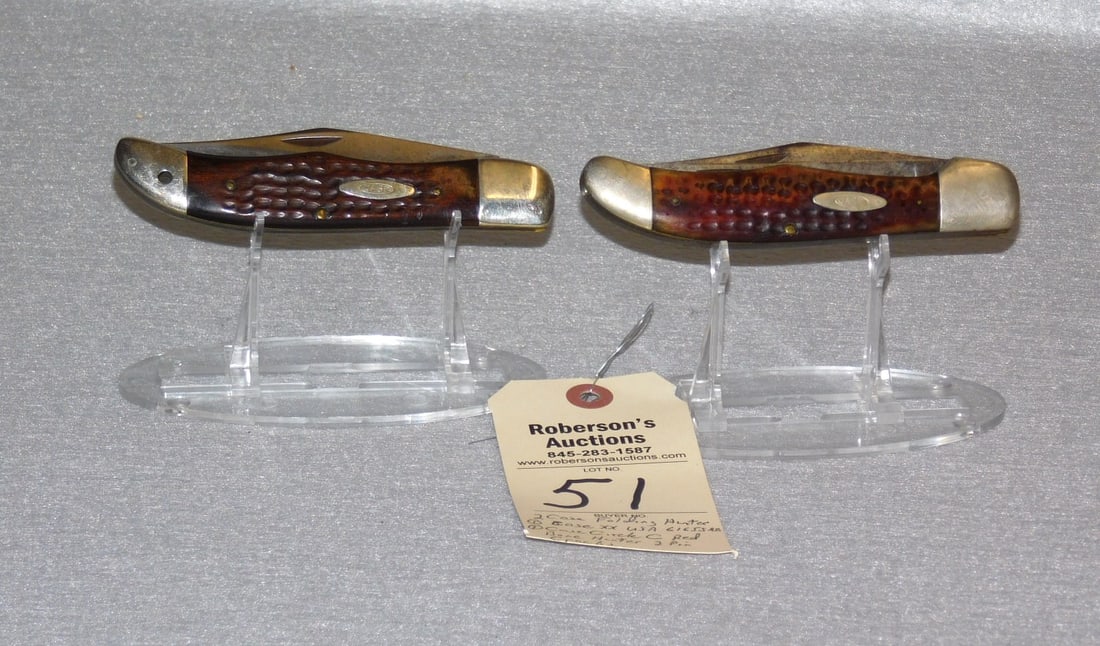 2 - "Case" Folding Hunter's Knives: 2 - "Case" Folding Hunter's Knives: 1- Single Blade XX USA 6165SAB; 1 - 2 Blade Case Circle C w/Red Bone Handles, 2 Pin Cracks in GD to Fair Cond. - 5 1/4" Both.
