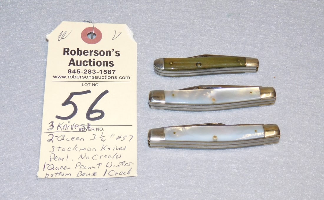 Lot of 3 Knives: Lot of 3 Knives: 2 - Queen Stockman Knives w/3 Blades, Mod. 57, w/Pearl Handles; 1- Queen Peanut 2 Blade Winter Bottom w/Bone Tight Hdl., Pin Crack. in GD Cond. - 3 1/4" Both